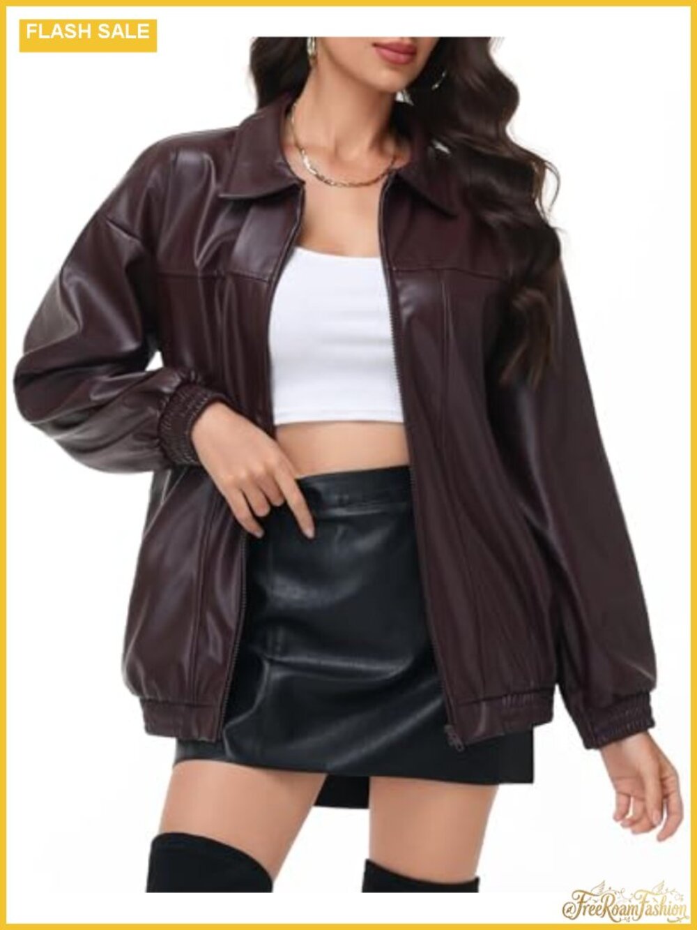 Oversized Faux Leather Motorcycle Jacket Zip Up Long Sleeve Women Coat